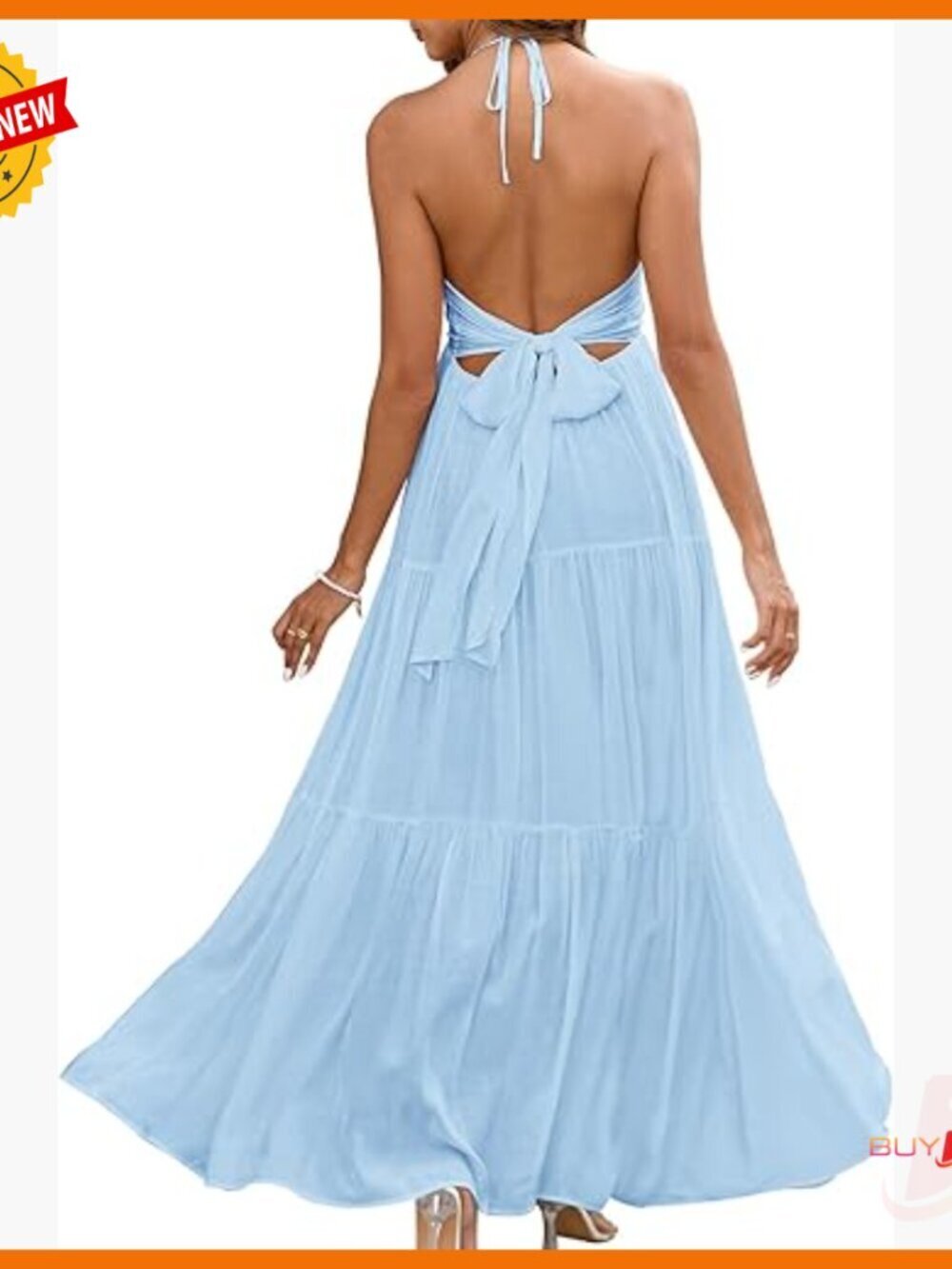 Halter V-Neck Backless Maxi Dress with Bow Tie, Flowy Ruffle Sundress